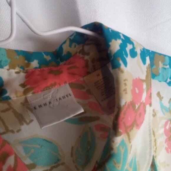 Emma James Blouse M Short Sleeve Button Up Sheer Floral Blue Pink - Picture 5 of 16